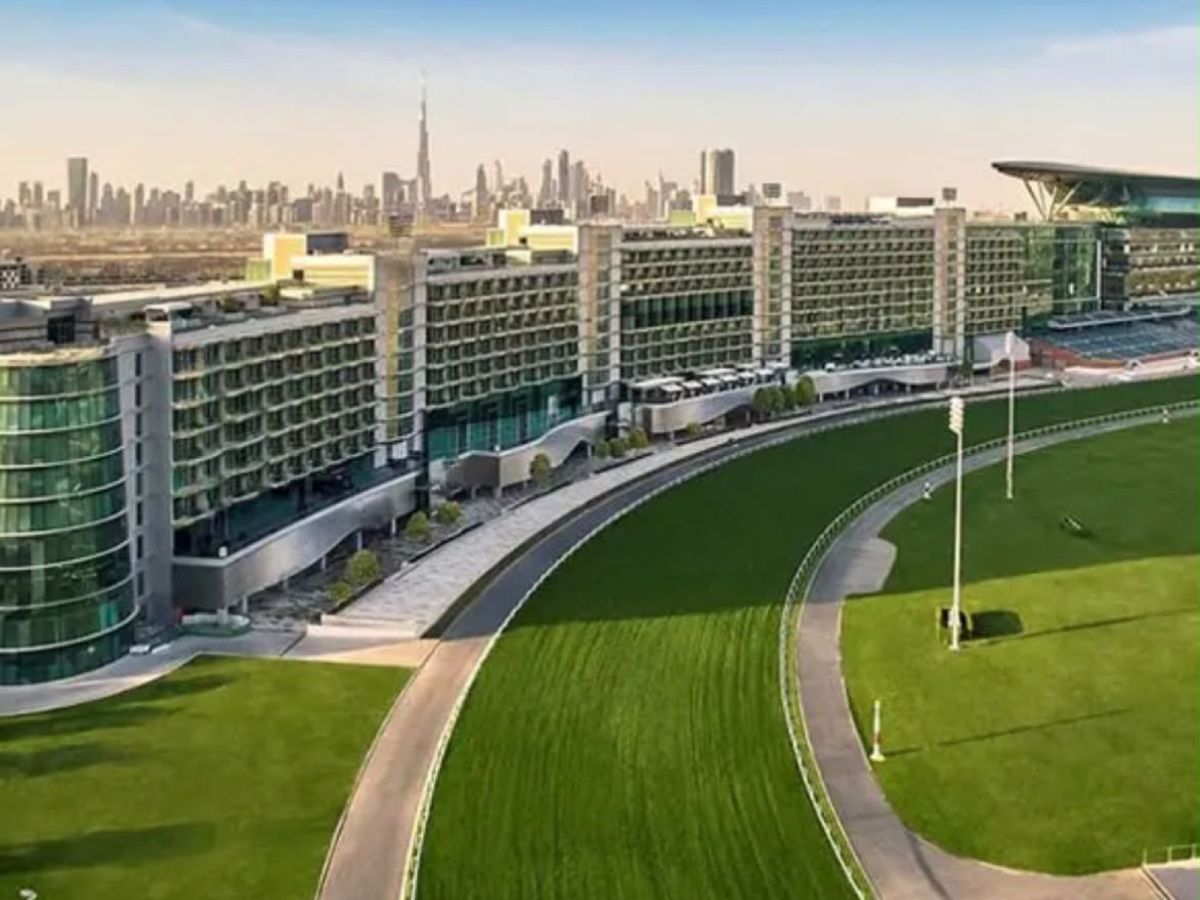 The Meydan complex in Dubai, with the racecourse and the Downtown skyline